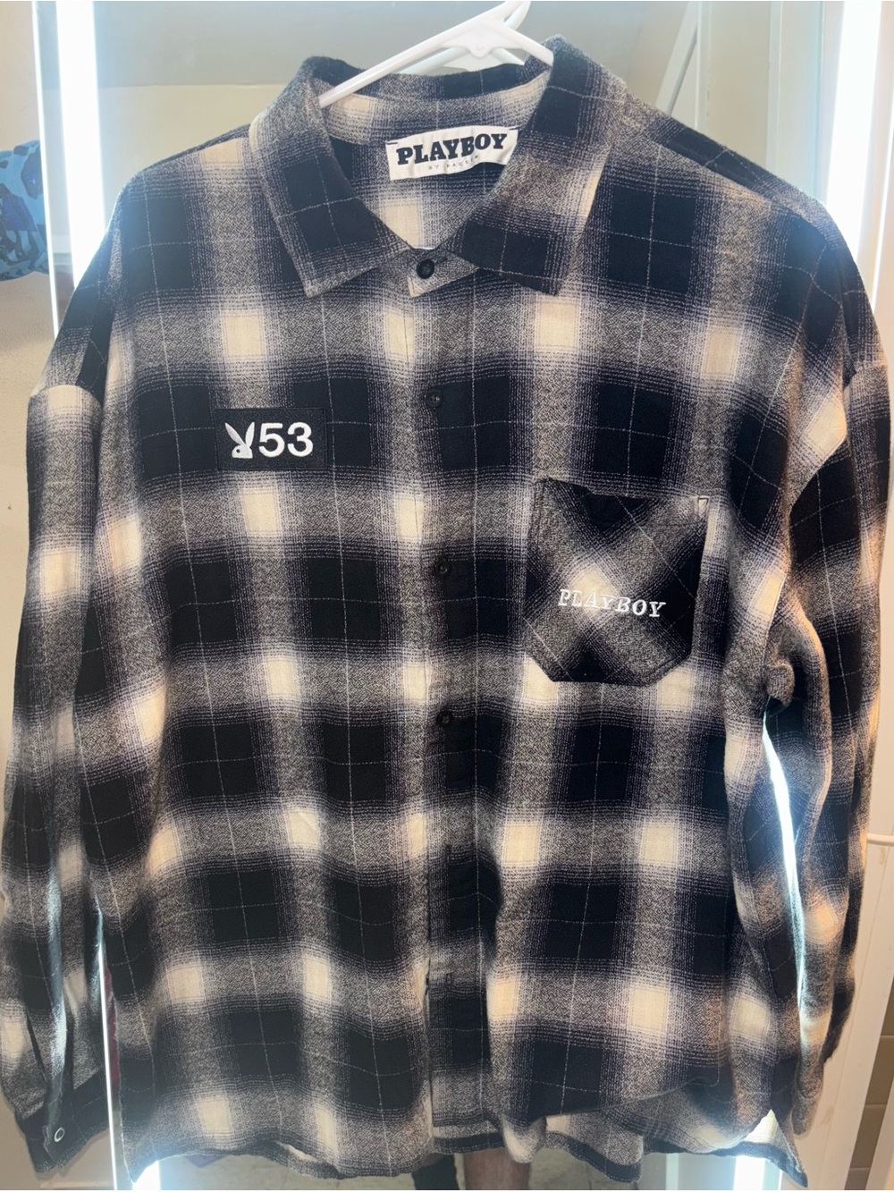 PLAYBOY Black & White Plaid Shirt with Bunny 53 Patch